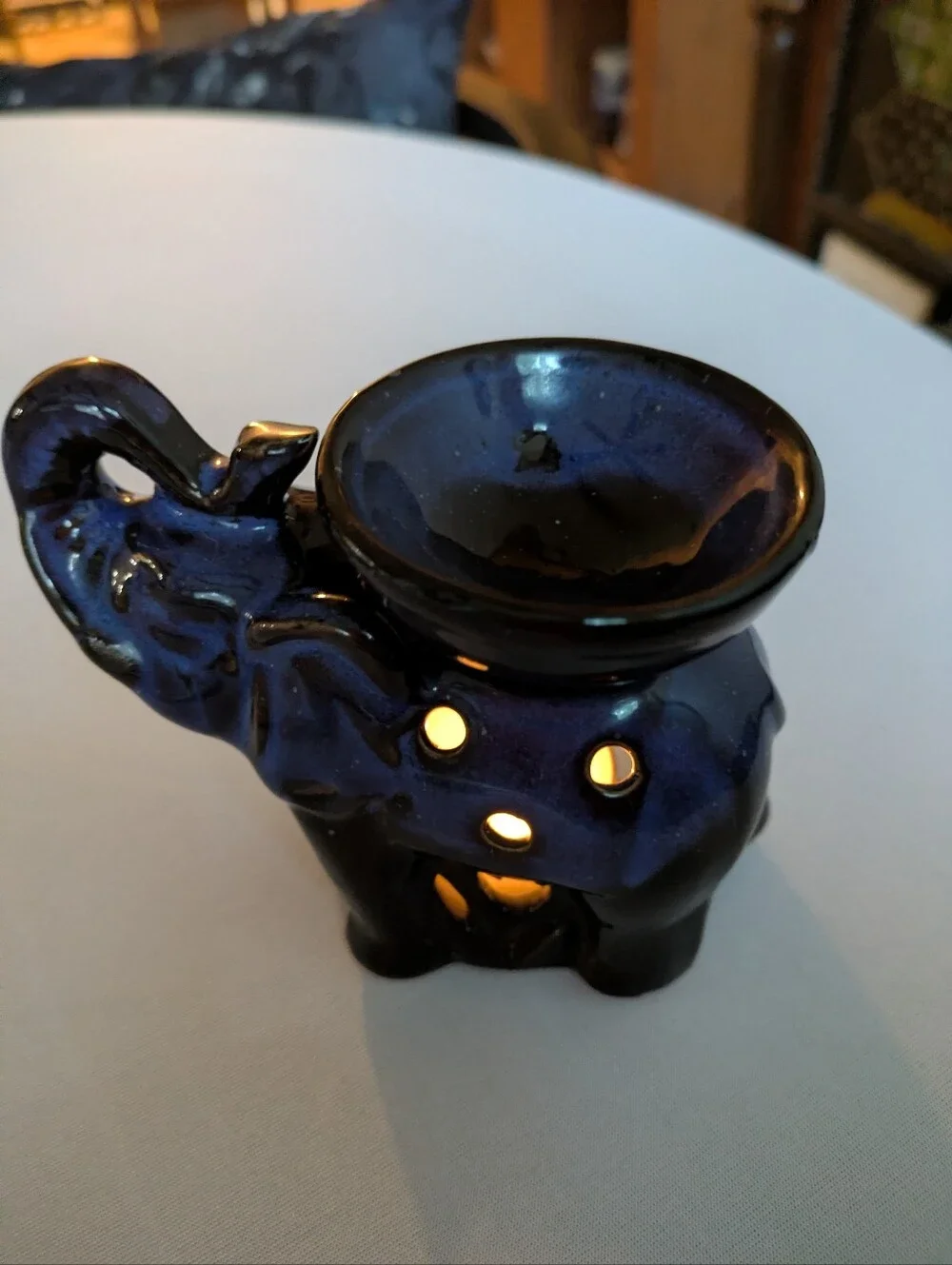 Ceramic Elephant Votive Oil Warmer in Blue And Black.